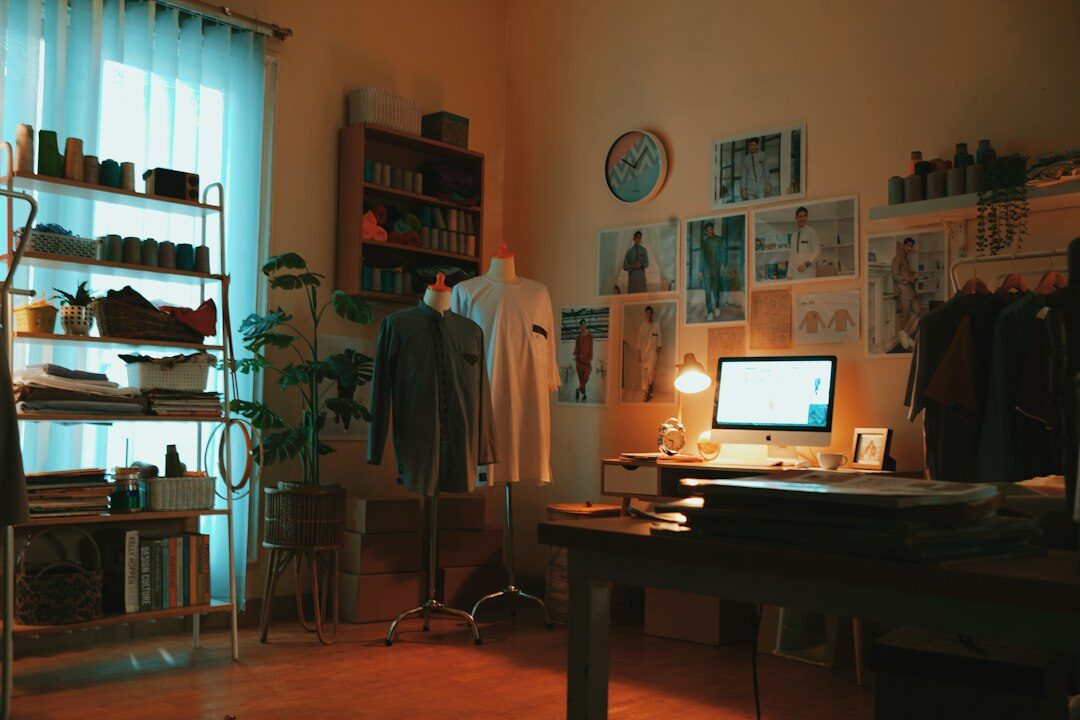 Interior of a small film editing studio with camera gear and shelves